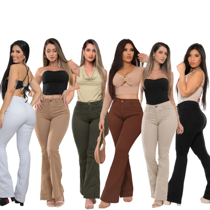 Calça Flare Feminina jeans nas cores bege/caqui/marrom super confortável que se ajusta no corpo em Oferta na Shopee