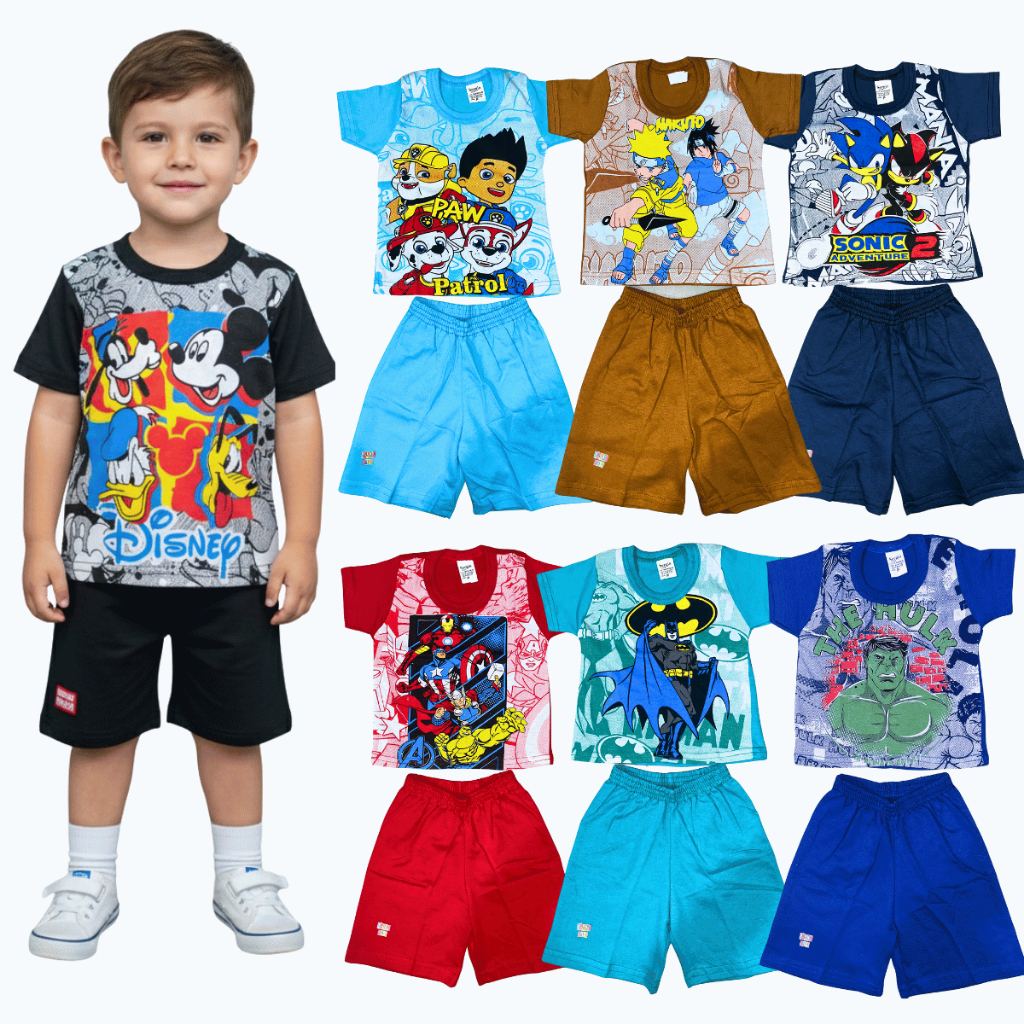 Conjunto Infantil-Menino Camisa mais Bermuda com Estampas Variadas-Poliéster com Elastano