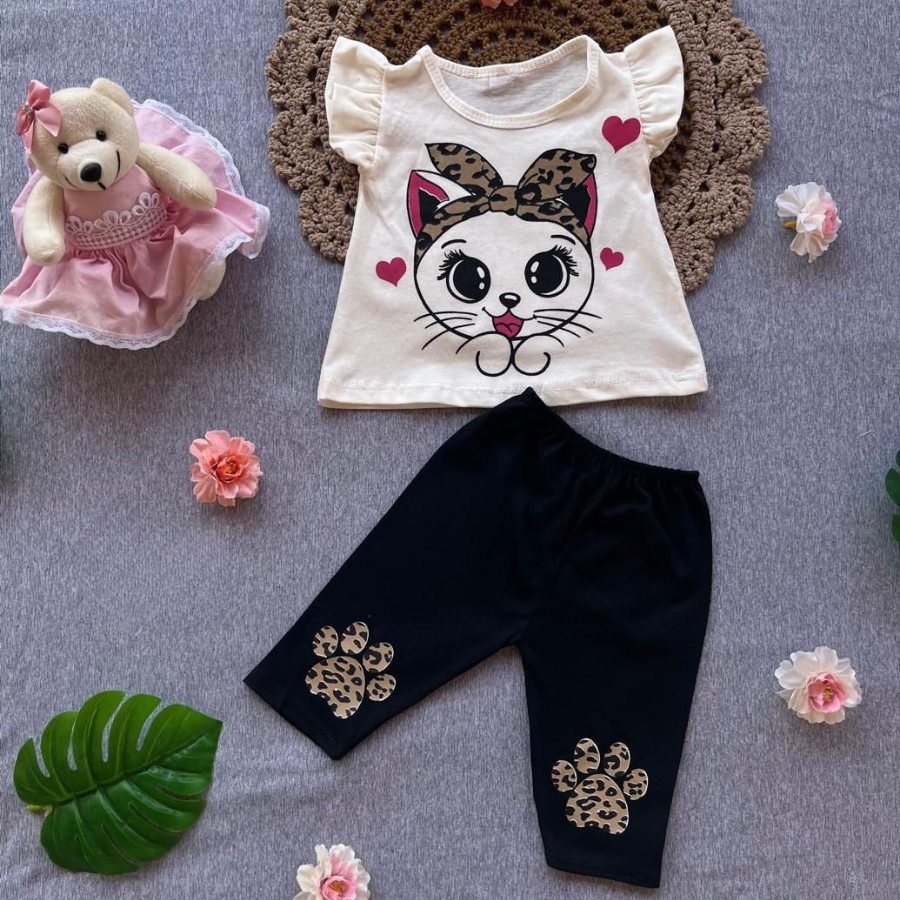 Conjunto Bebe Menina Gatinha Fashion Banho de Sol Passeio Short Saia Verão Animal Print em Oferta na Shopee