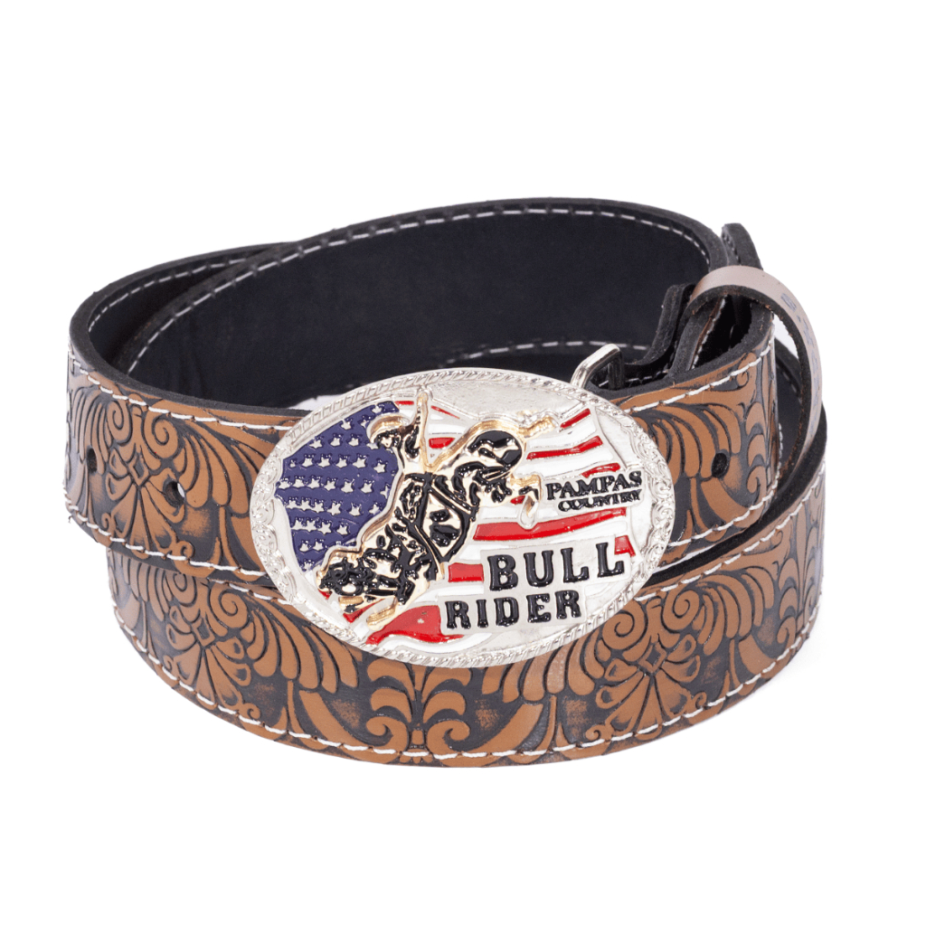Cinto Country Infantil com Fivela Bull Rider Trabalhada em Couro Legitimo
