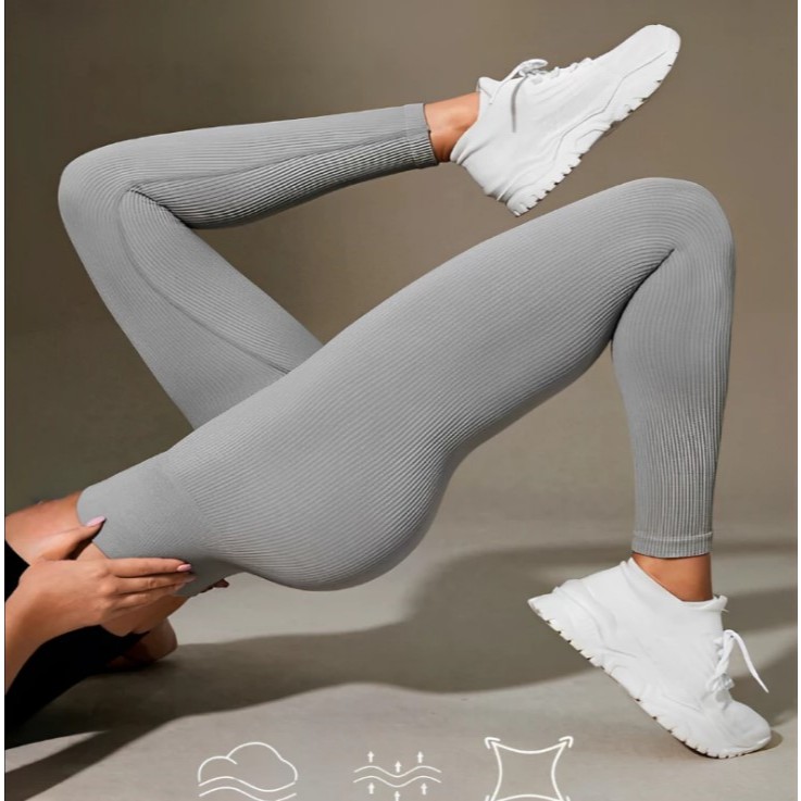 Calça Legging Canelada de Cintura Alta Sem Costura para Academia Feminina, Elástica e Fitness