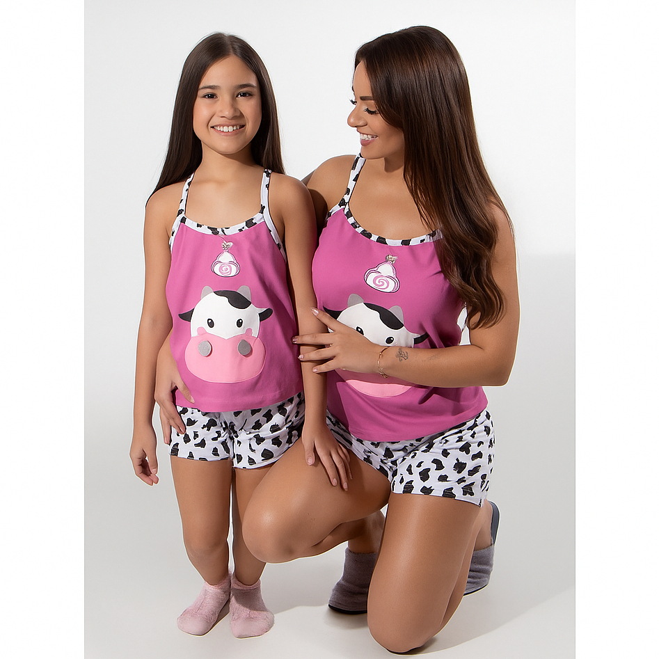 Kit Baby Doll Mãe e Filha Vaquinha Malha Premium Pijama Curto Promoção Verão Alcinha Short Doll