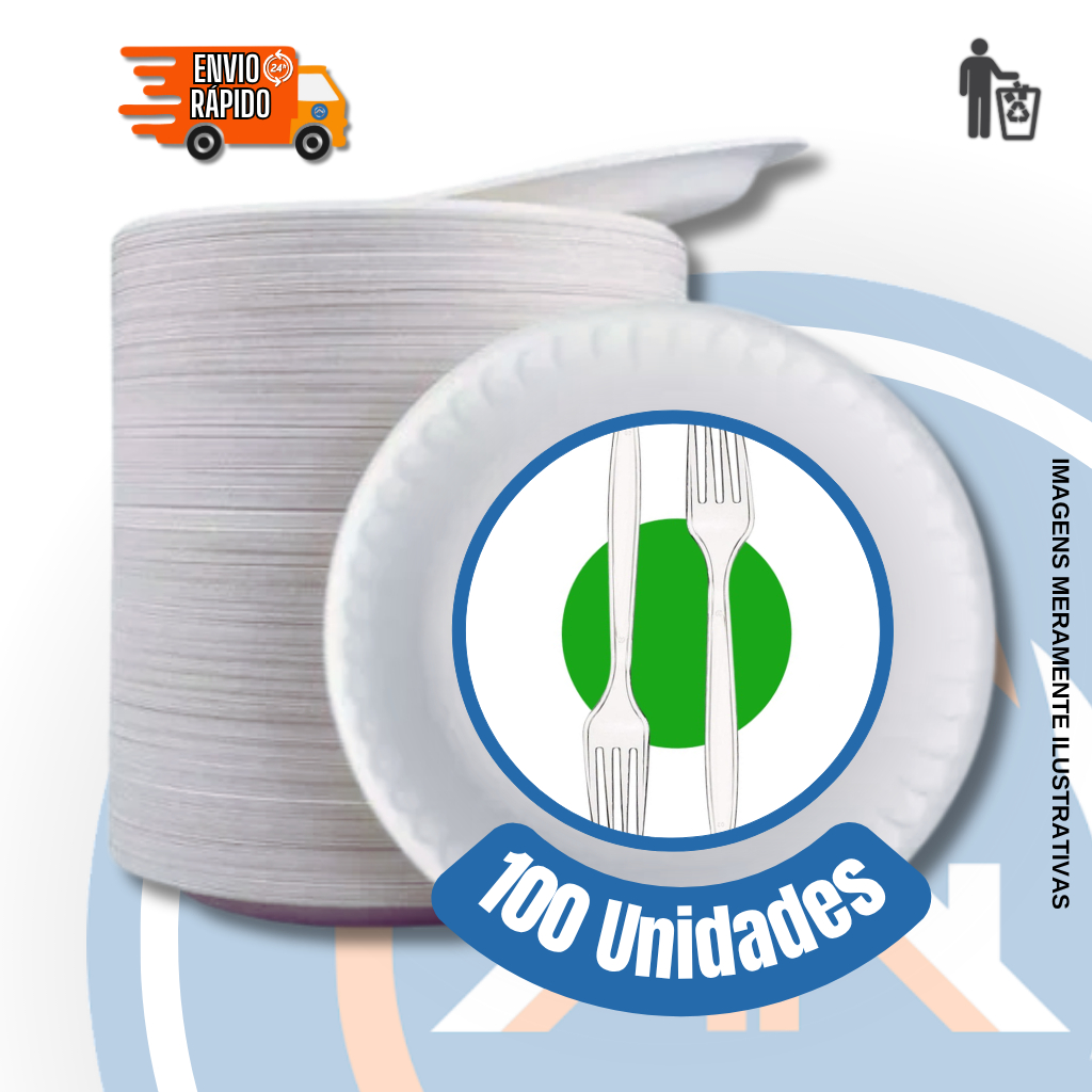 Kit Churrasco Prato de Isopor p/ Refeição + Garfo Descartável Reforçado Cristal c/100un