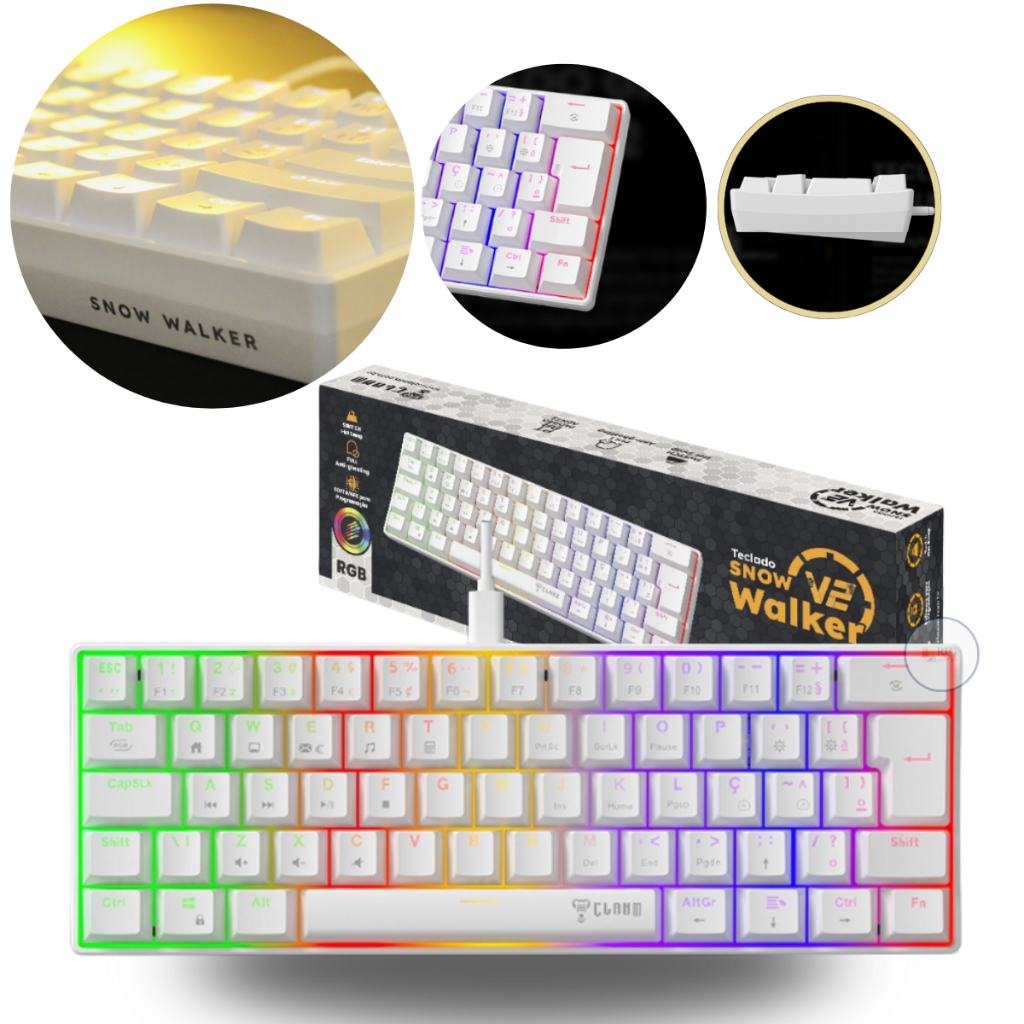Teclado Gamer Clanm 60% V2 Snow Walker Rgb Switch Red Mecânico