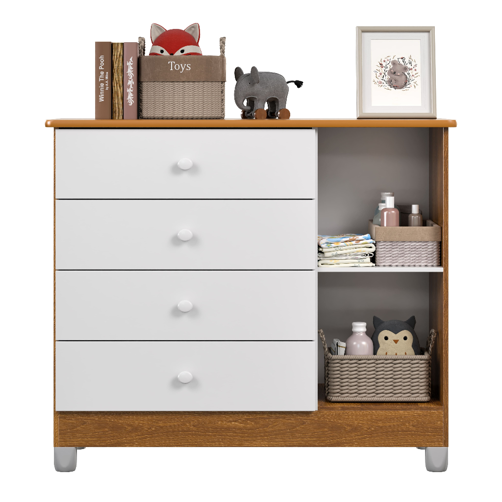 Detalhes do Cômoda Organizadora De Roupas 100% MDF Life Quarto Infantil Com 4 Gavetas e Porta Amadeirado
