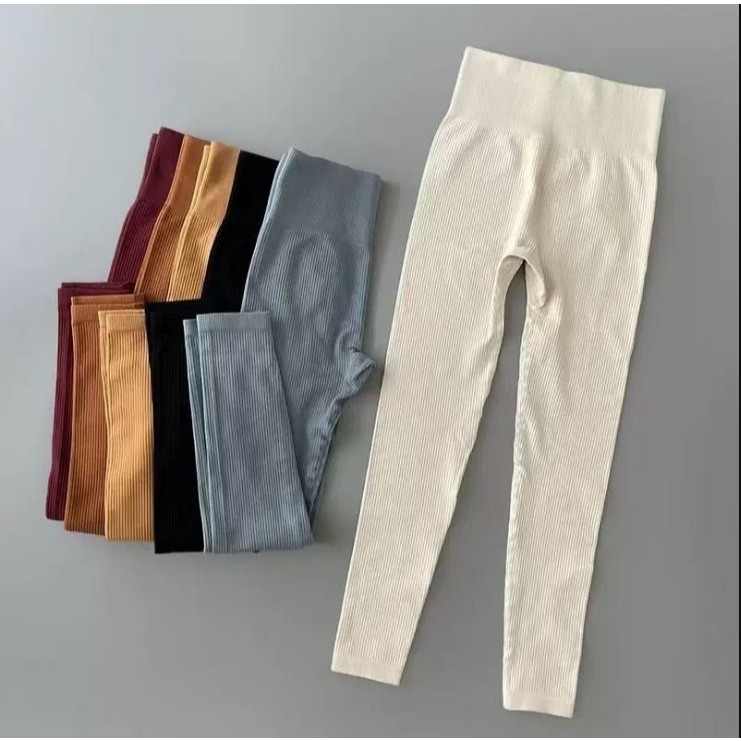 -Sem transparência，Calça Legging Canelada de Cintura Alta Sem Costura para Academia Feminina, Elástica e Fitness