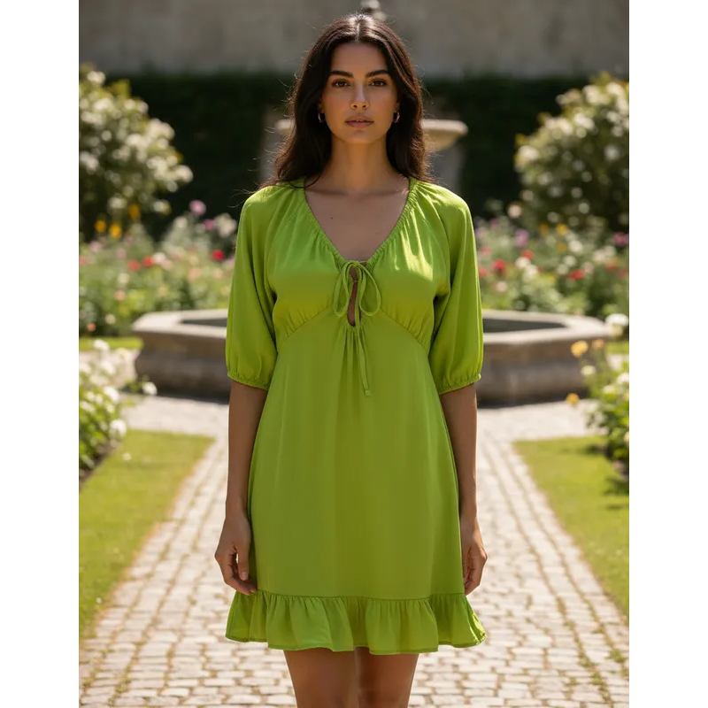 Vestido Feminino Curto Romântico Confortável Verão Cores Verde e Roxo