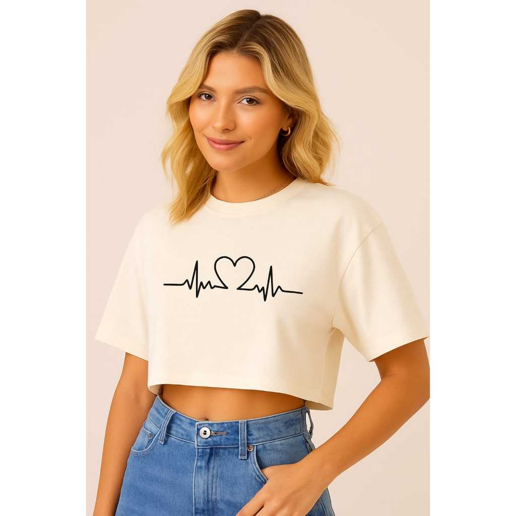 Cropped Preto Feminino Oversized estampa de Batimento 1 coração– Básico Estiloso –Malha Premium 100% Algodão