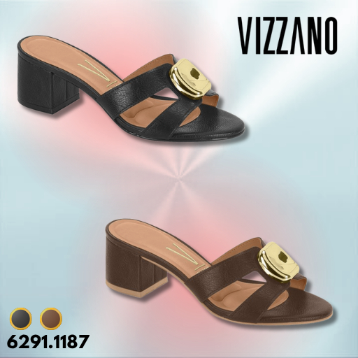 Sandália Salto Bloco Vizzano Pelica Detalhes em ouro Metal Confortável