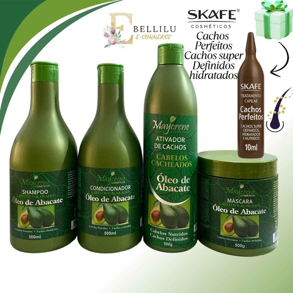 Kit Cabelos Cacheados Óleo de Abacate Maycrene - Shamp, Cond, Masc e Ativador Cachos 500ml + Ampola Skafe