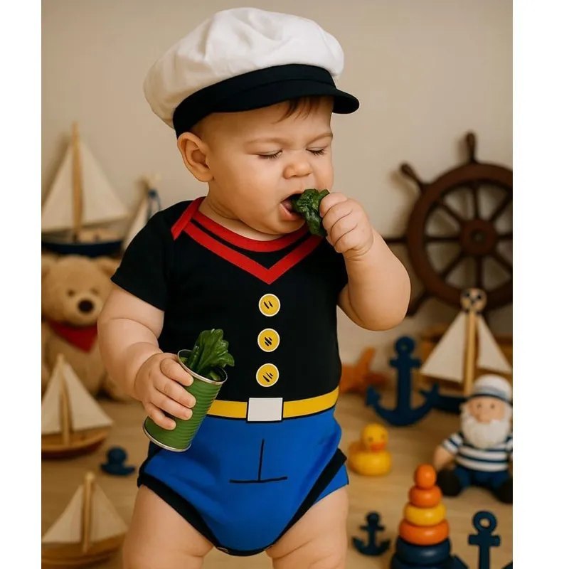 Body Bebê Marinheiro Popeye com Boina
