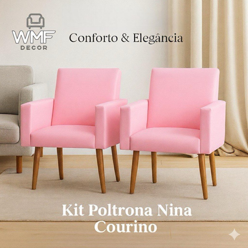 Kit Poltrona Nina Courino, com pés palitos, Decorativa, Confortável, Fácil Limpeza em Oferta na Shopee