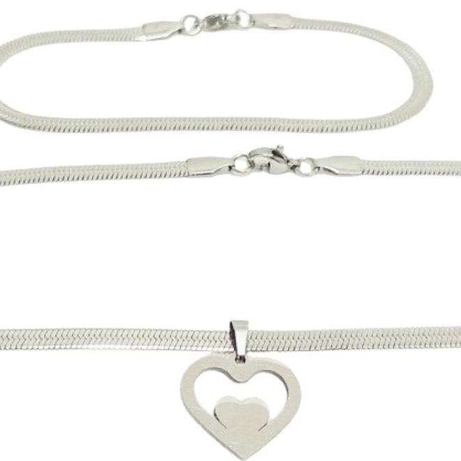 kit Colar Gargantilha e Pulseira Laminada Feminina Pingente Coração Aço Inoxidável achadinhos