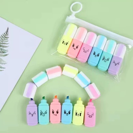 Marca Texto Fluorescentes Kawaii 6 Cores com Carinhas Fofas + Estojo com Zíper e Alça Para Prender Na Mochila
