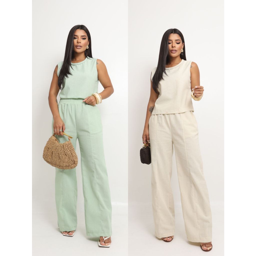 Kit 2 Conjuntos Femininos de Linho Regata e Calça Pantalona