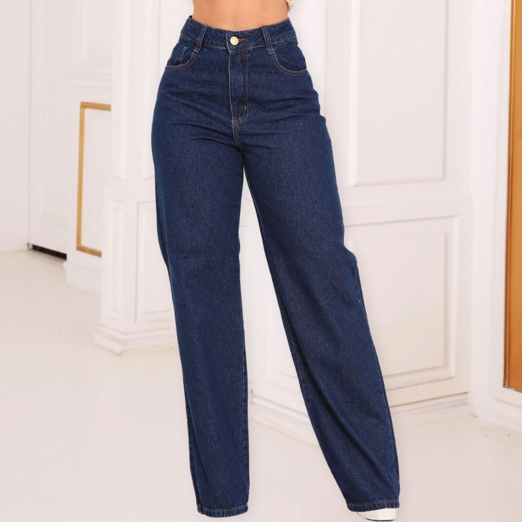 Calça Jeans Wide Leg Feminina Cintura Alta Pantalona Azul Escuro Premium Boca Larga 100% Algodão