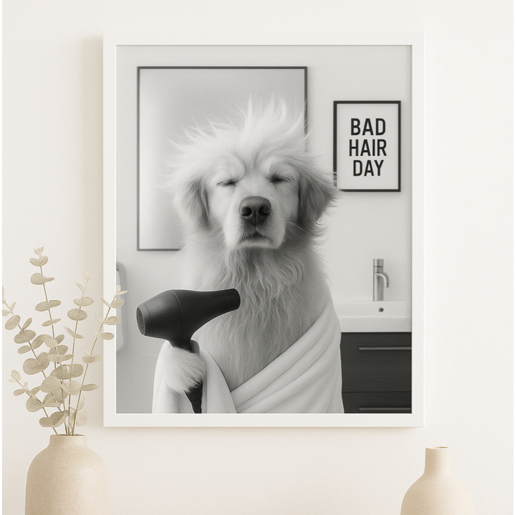 Quadro Divertido Para Banheiro Golden Retriever - Bad Day Hair- Com Vidro