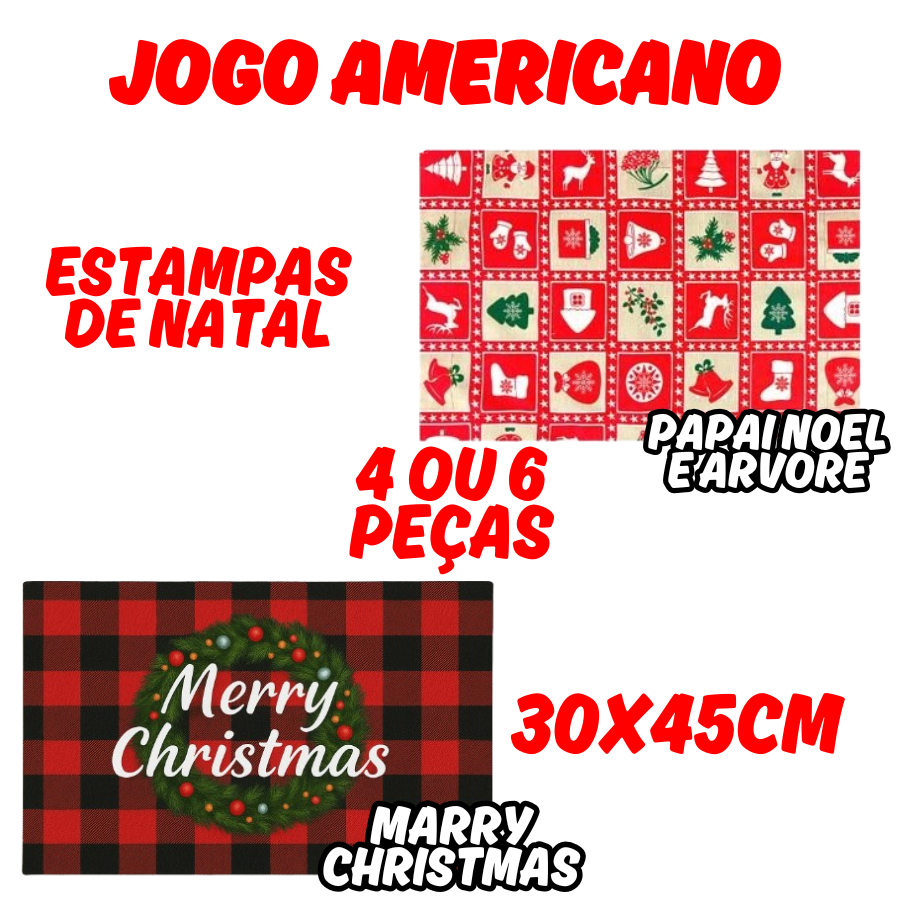 Kit 6 Ou 4 Peças De Jogo Americano 30X45CM Estampas Natalinas Descanso De Mesa Retangular Decorativo