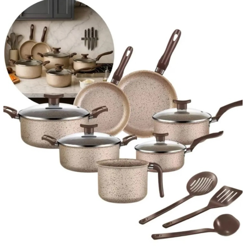 Conjunto De Panelas Antiaderente 10 Peças Coffee Cappuccino tampa de vidro - Panelas Imperial