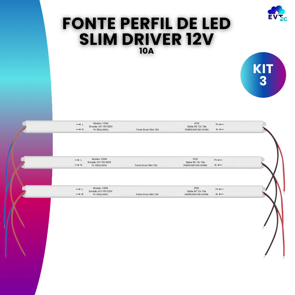 Kit 3 Fonte Slim Driver Para Perfil Fita De Led 12v 10a 120w em Oferta na Shopee