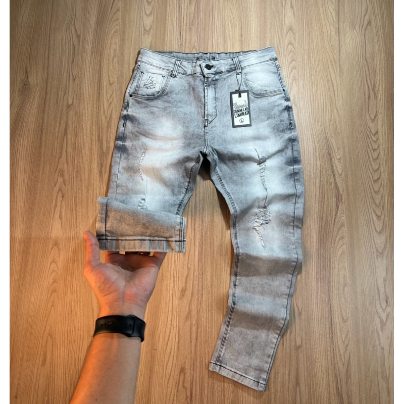 CALÇA MASCULINA JOGADOR ORIGINAL BORDADA RASGADINHA CINZA CLARA