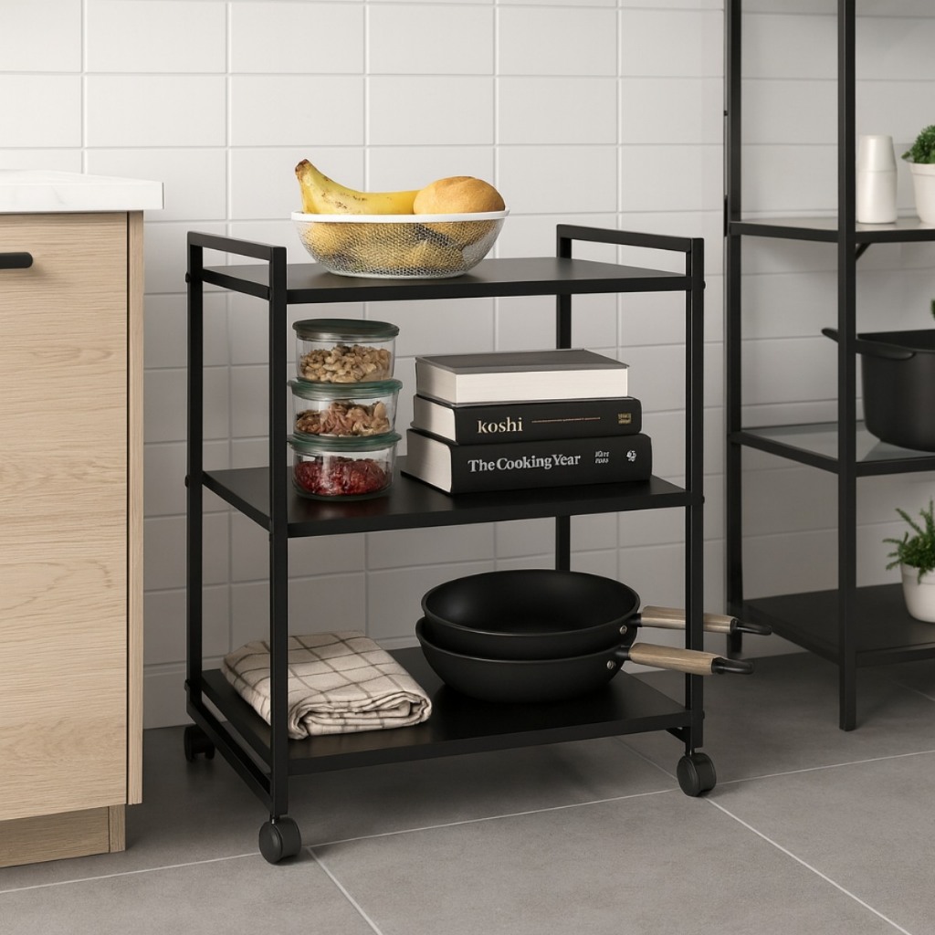 Carrinho Auxiliar Multiuso 3 Prateleiras Preto - Estrutura Metálica Reforçada c/ Rodízios em Oferta na Shopee