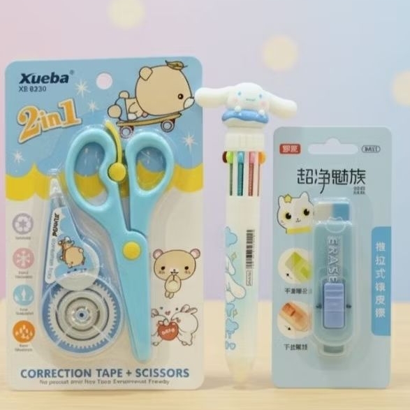 Kit Escolar Papelaria| Caneta 10 Cores| Borracha| Tesoura 2 em 1| Fita Corretiva