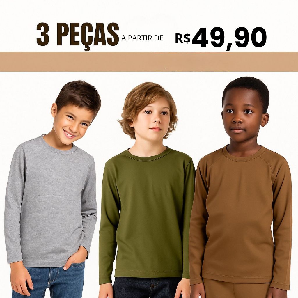 Kit 3 Camiseta Manga Longa Infantil Juvenil Menino Algodão - Tamanho 2 ao 16 Anos Oferta do Dia
