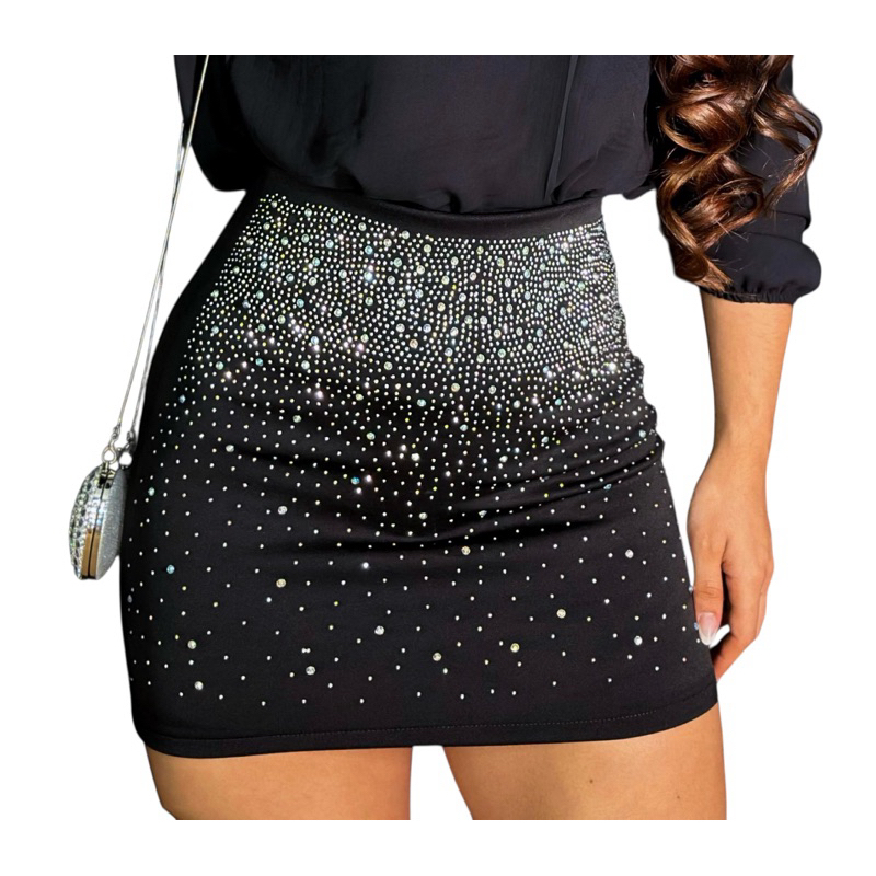 Saia Feminina Neoprene Preta Pedraria Strass Festa Brilho Modelo Glow Envio Imediato em Oferta na Shopee