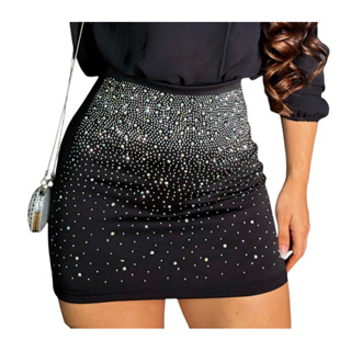 Saia Feminina Neoprene Preta Pedraria Strass Festa Brilho Modelo Glow Envio Imediato em Oferta na Shopee
