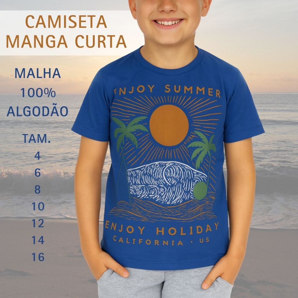 Camiseta Infantil Menino Estampada Blusa Manga Curta 100% Algodão Camisa Juvenil 3205-A