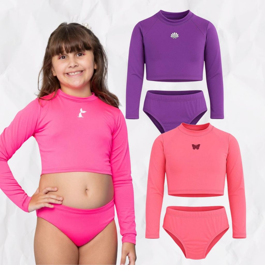Biquíni Cropped Liso Menina Infantil Proteção Solar Uv Praia Natação Piscina Manga Longa