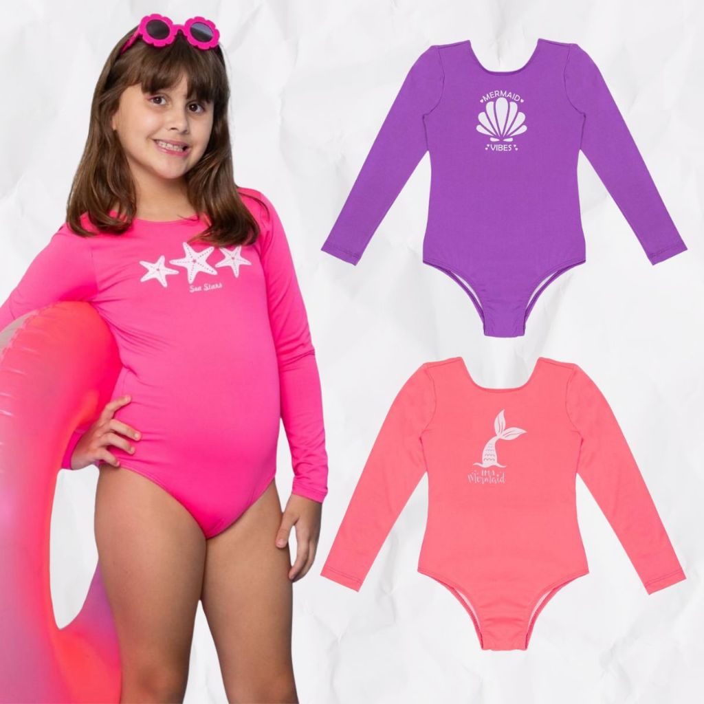 Maiô Proteção Solar Uv Manga Longa Liso com Estampa Forrado Menina Natação Praia Infantil
