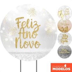 Painel de Festa Ano Novo Redondo Decoração Reveillon Em Tecido Sublimado 1,50m com Elástico