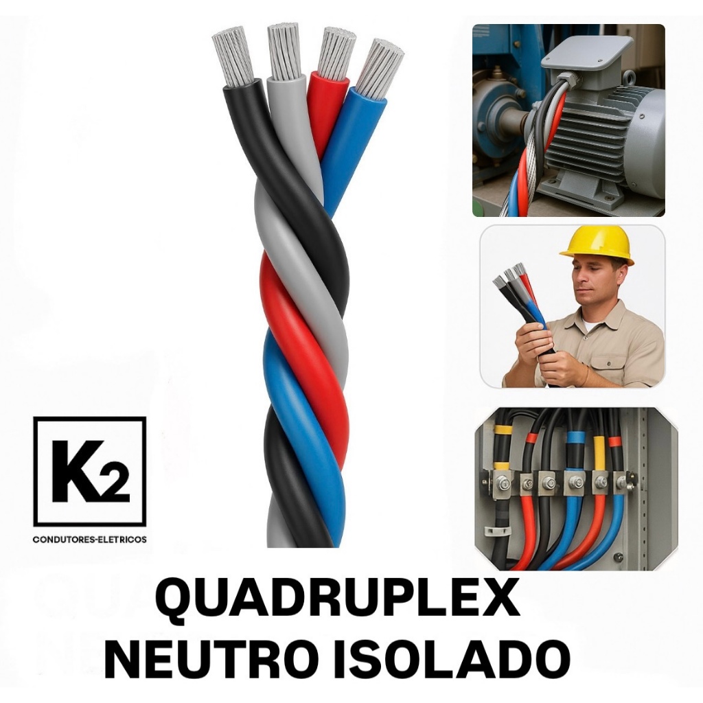 Cabo Quadruplex 35mm Alumínio Neutro Isolado Preto Cinza Vermelho Azul 45m Rede Trifásica