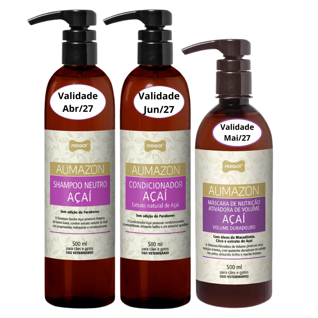 Kit Shampoo Condicionador e Máscara Nutrição Aumazon Açaí 500ml Perigot Cães Gatos