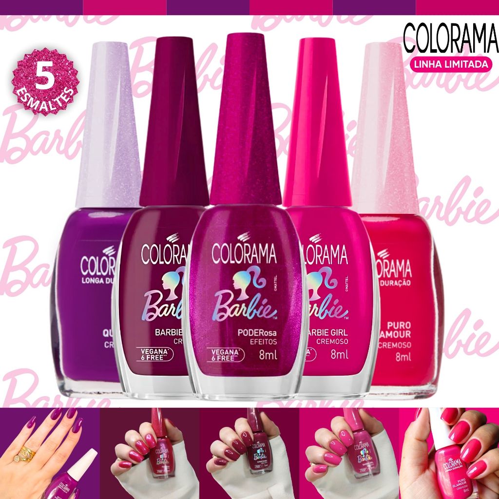 Kit 5 Esmaltes Colorama Tons Roxos e Rosas Nova Coleção Barbie Lançamento Esmalte Atacado