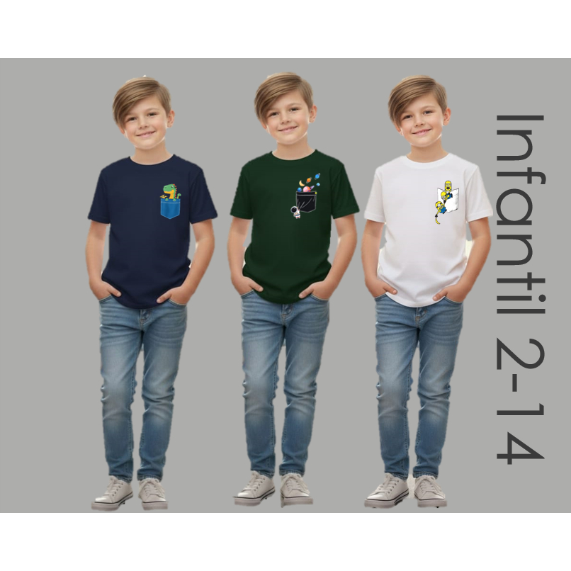 Kit 3 Camisetas Infantil Unissex Com Estampa Dinossauro e Astronauta 100% Algodão T-shirt Premium