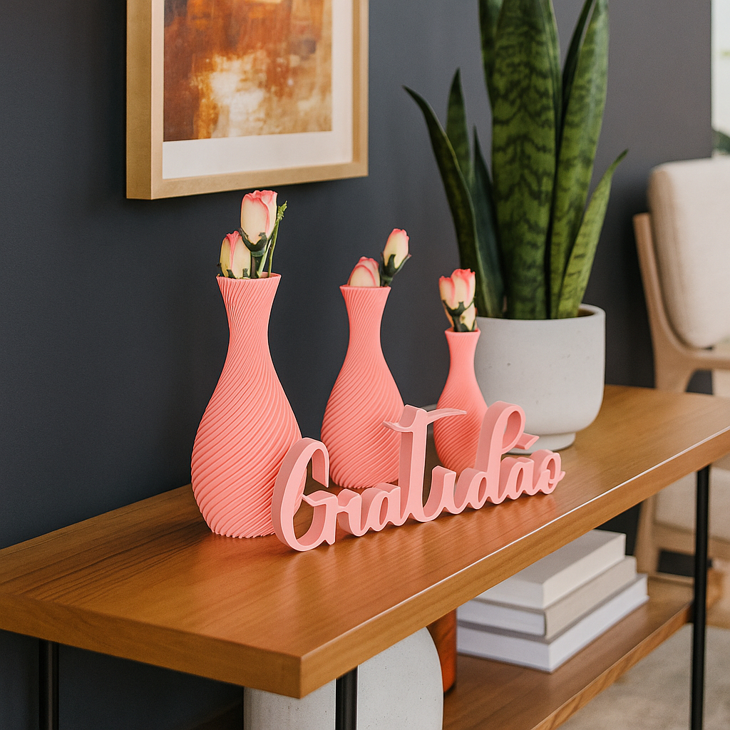Kit 3 Vaso Espiral Rosa com Placa Gratidão Decoração Enfeite Presente Mãe Namora