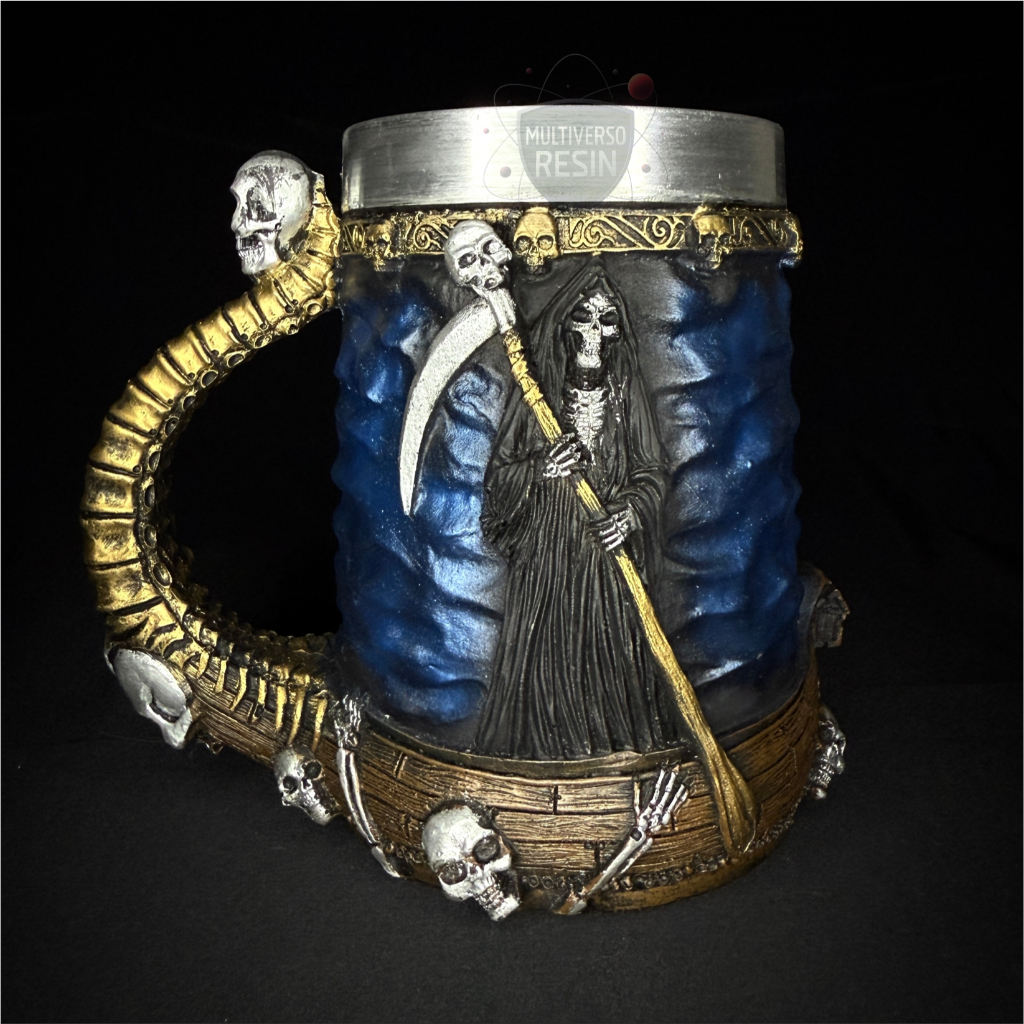 Caneca/Copo Ceifador Caveira Morte com Foice Medieval Crânio Barco Vikings Resina