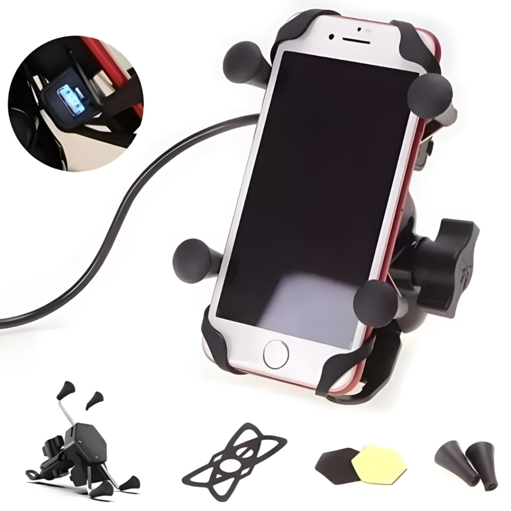 Suporte Celular Moto com Carregador Turbo USB Universal Drone Pinça Resistente A prova D'agua Bike