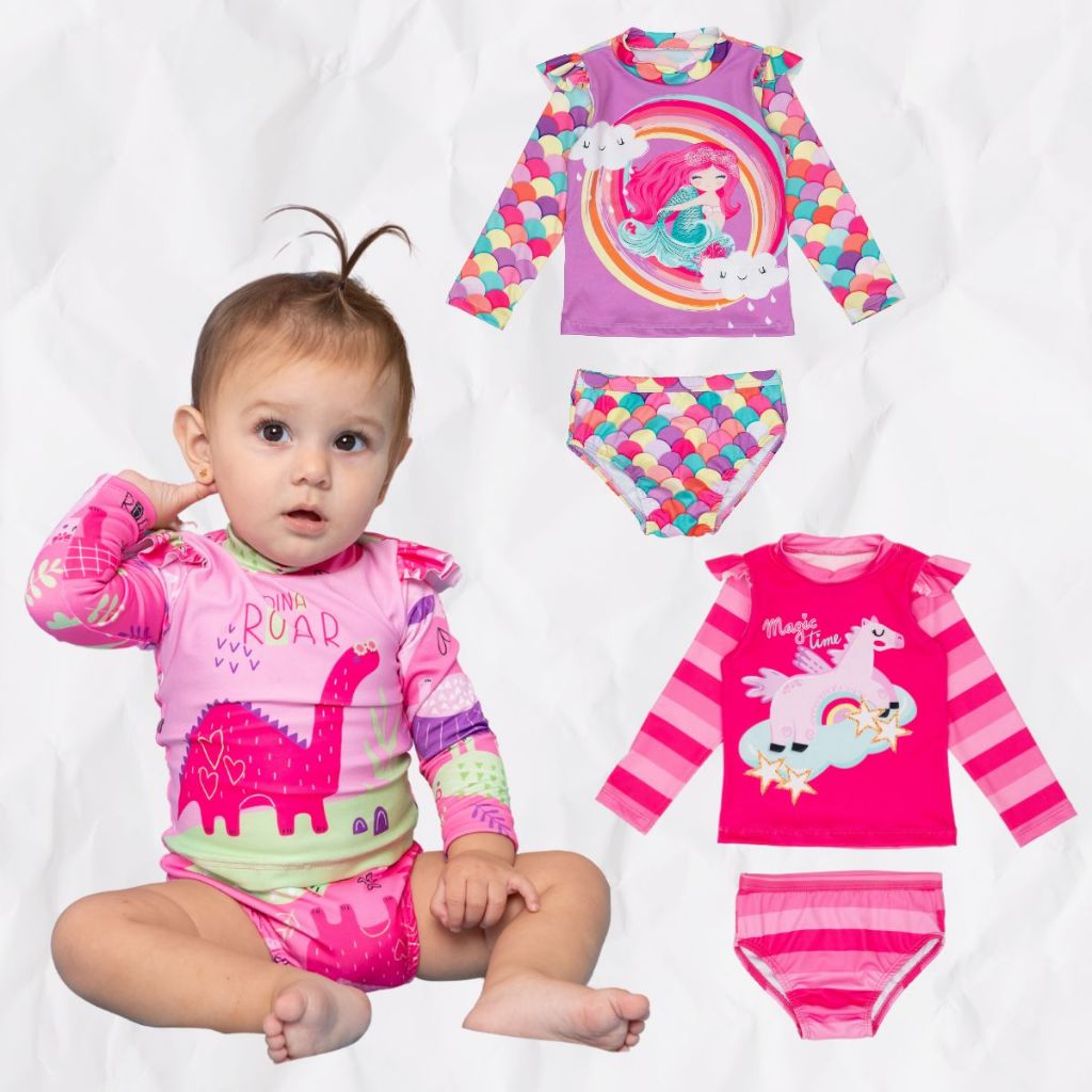Conjunto Menina Bebê Babado Manga Proteção UV Solar Biquíni Praia Piscina
