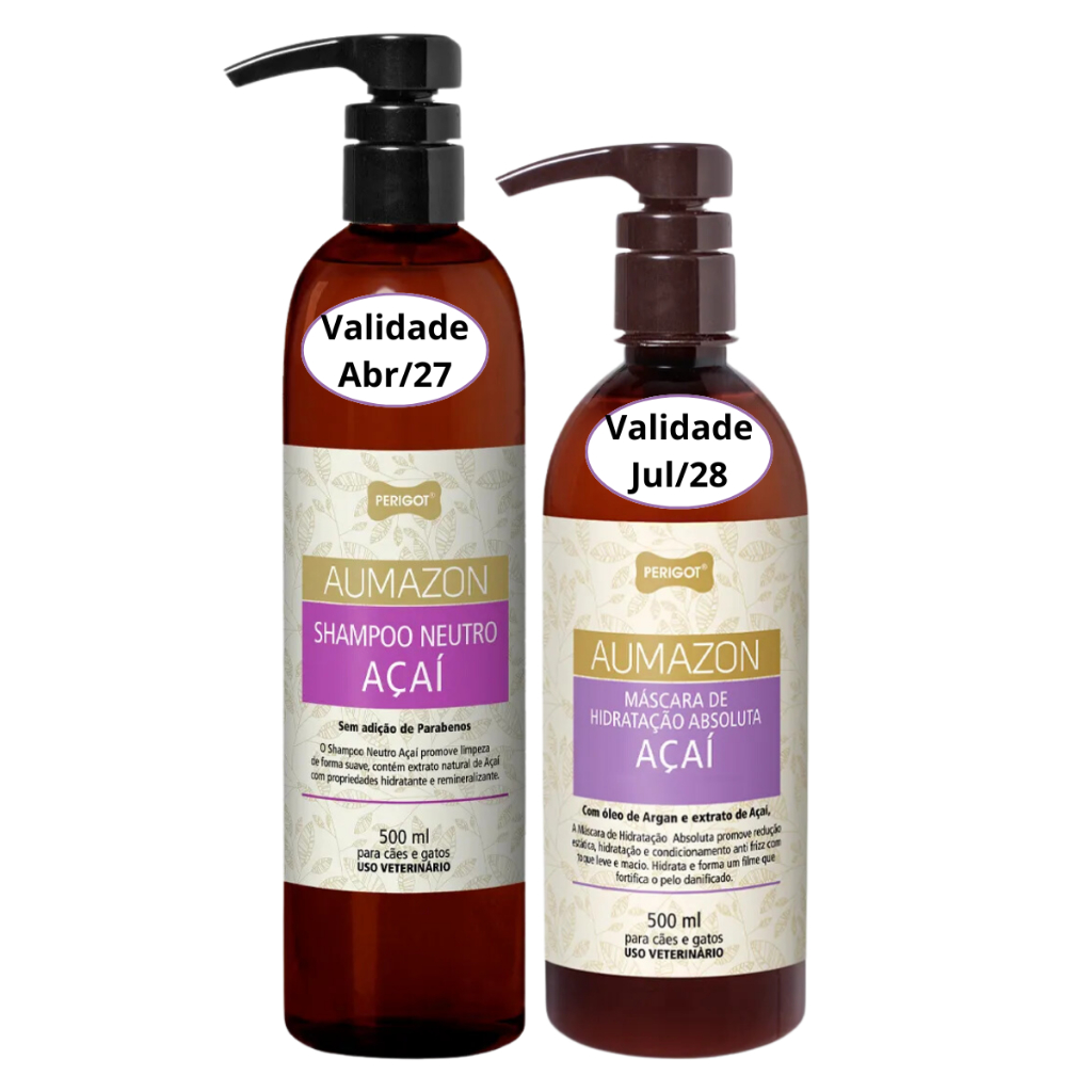 Kit Shampoo e Máscara Hidratação Aumazon Açaí 500ml Perigot Pet Cães Gatos