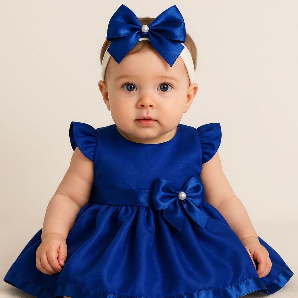 Vestido Bebê Menina Princesa Azul Royal Vestido Luxo P Ao 3 Anos Para Festas