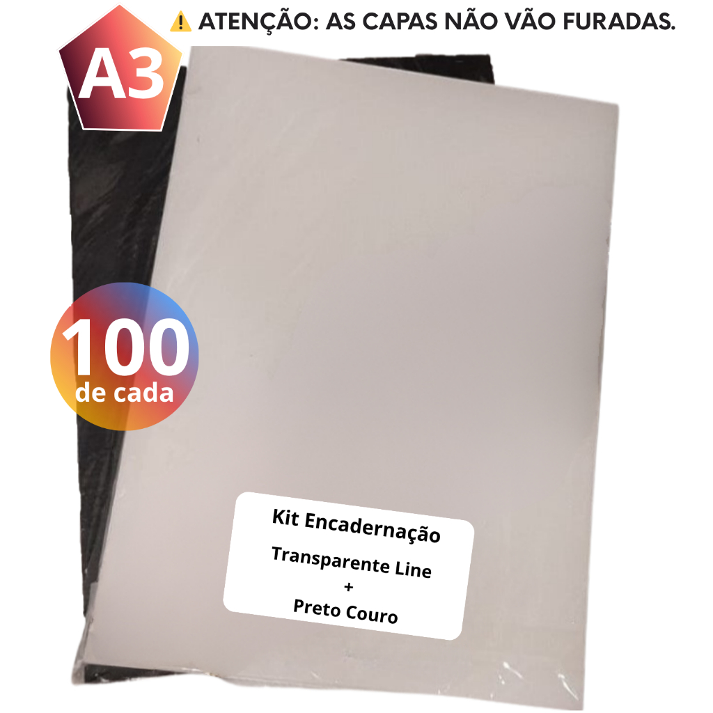 KIT CAPA ENCADERNAÇÃO A3 | TRANSPARENTE LINE 100 fls + PRETO COURO 100 fls