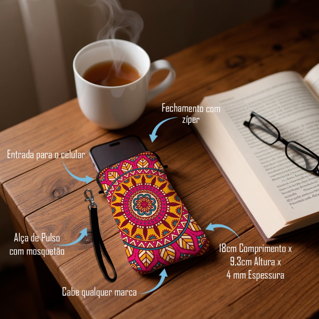 Bolsa Case para Celular com Zíper Mandala Rosa Laranja Azul