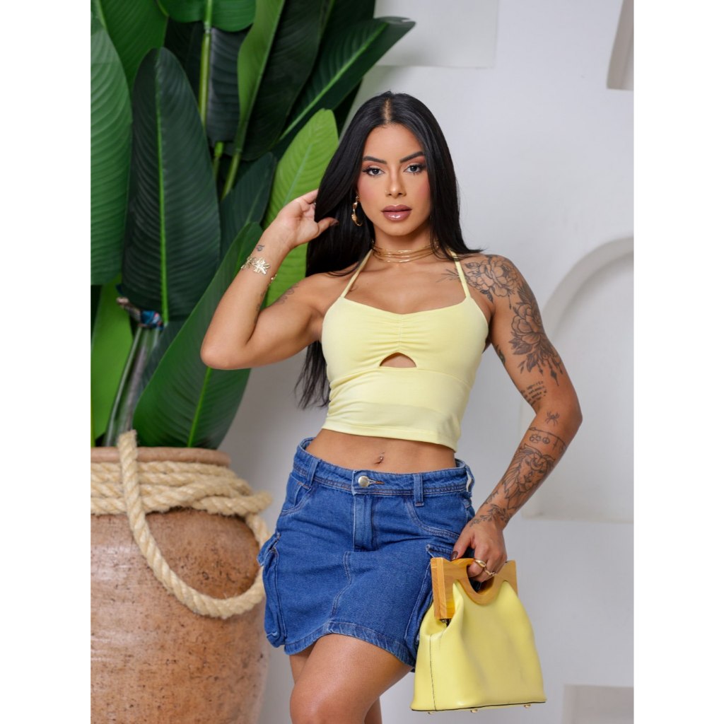 Top Cropped Feminino Com Recorte Frontal Blusinha Alça Fina Suplex em Oferta na Shopee