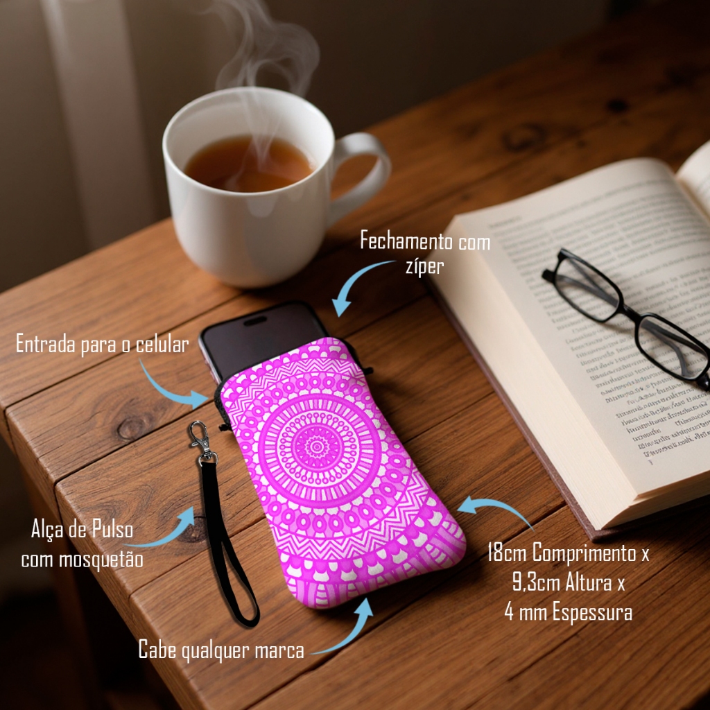 Bolsa Case para Celular com Zíper Mandala Rosa e Branco