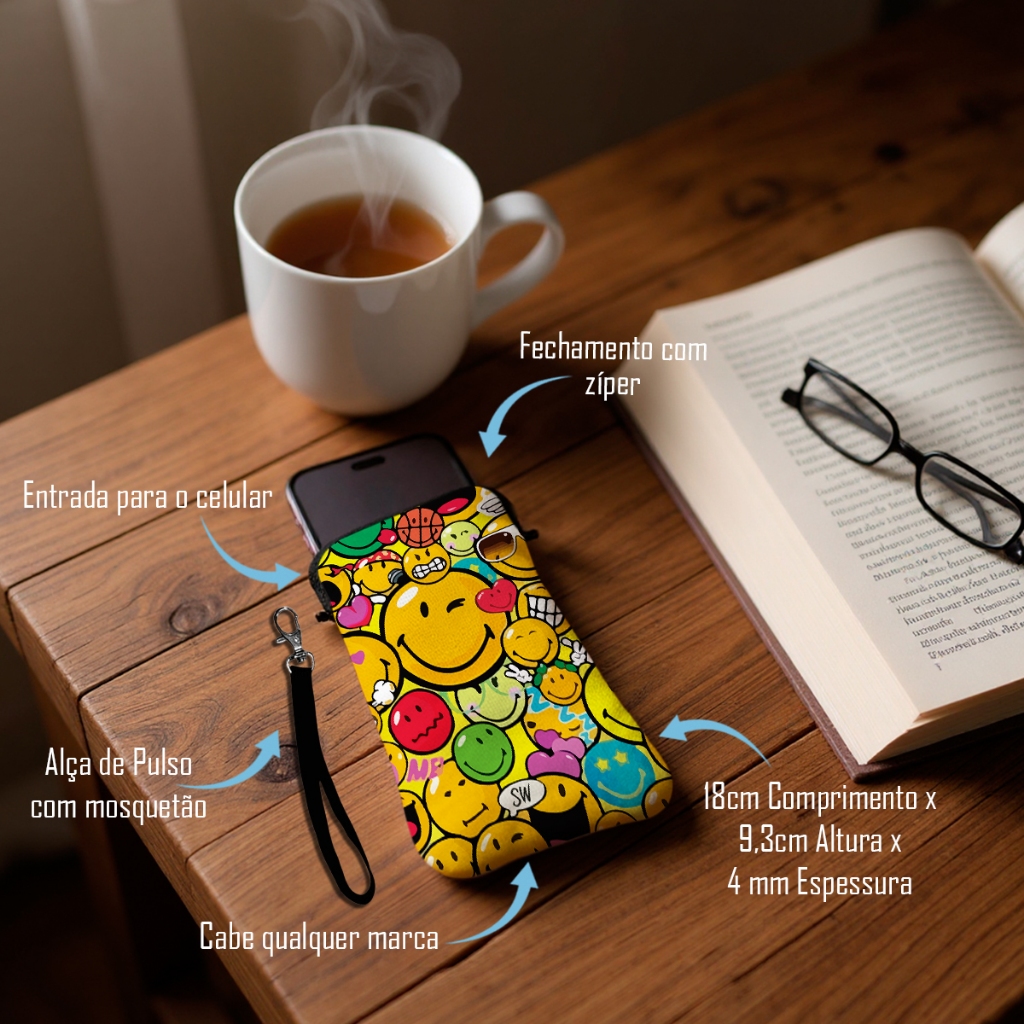 Bolsa Case para Celular com Zíper Emoji Divertidos Coloridos