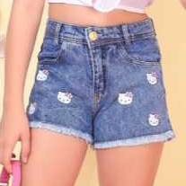 Short Jeans Feminino Juvenil Hello Estampado – Verão Moda Teen 08 AO 16 anos